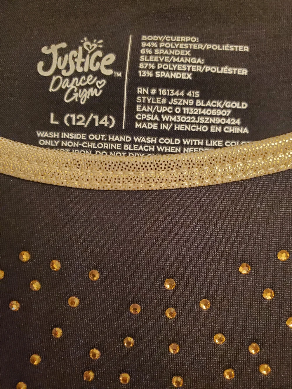 Justice Black and Gold Metallic Long-Sleeve Cheer Top
